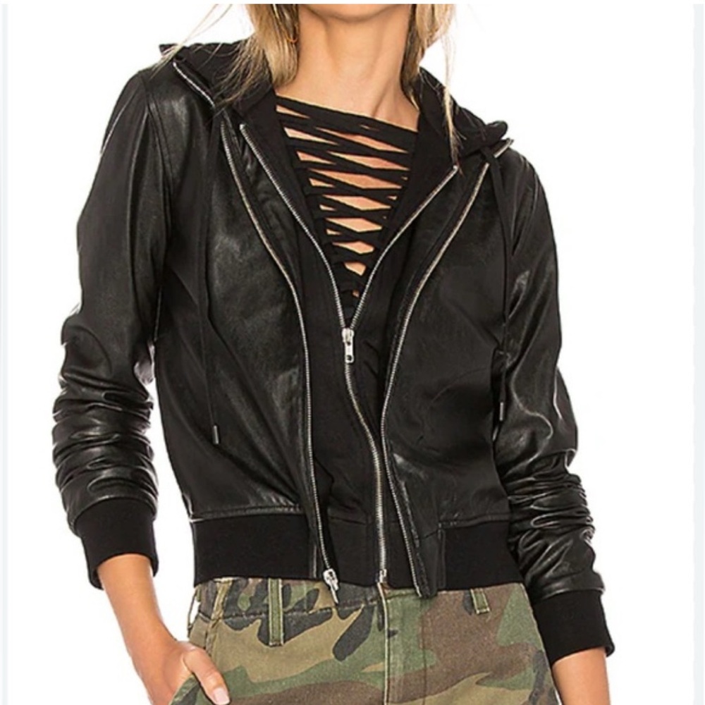Bailey 44 Faux Leather Hooded Moto Jacket Black Zip Front Sz S Style 411-5358